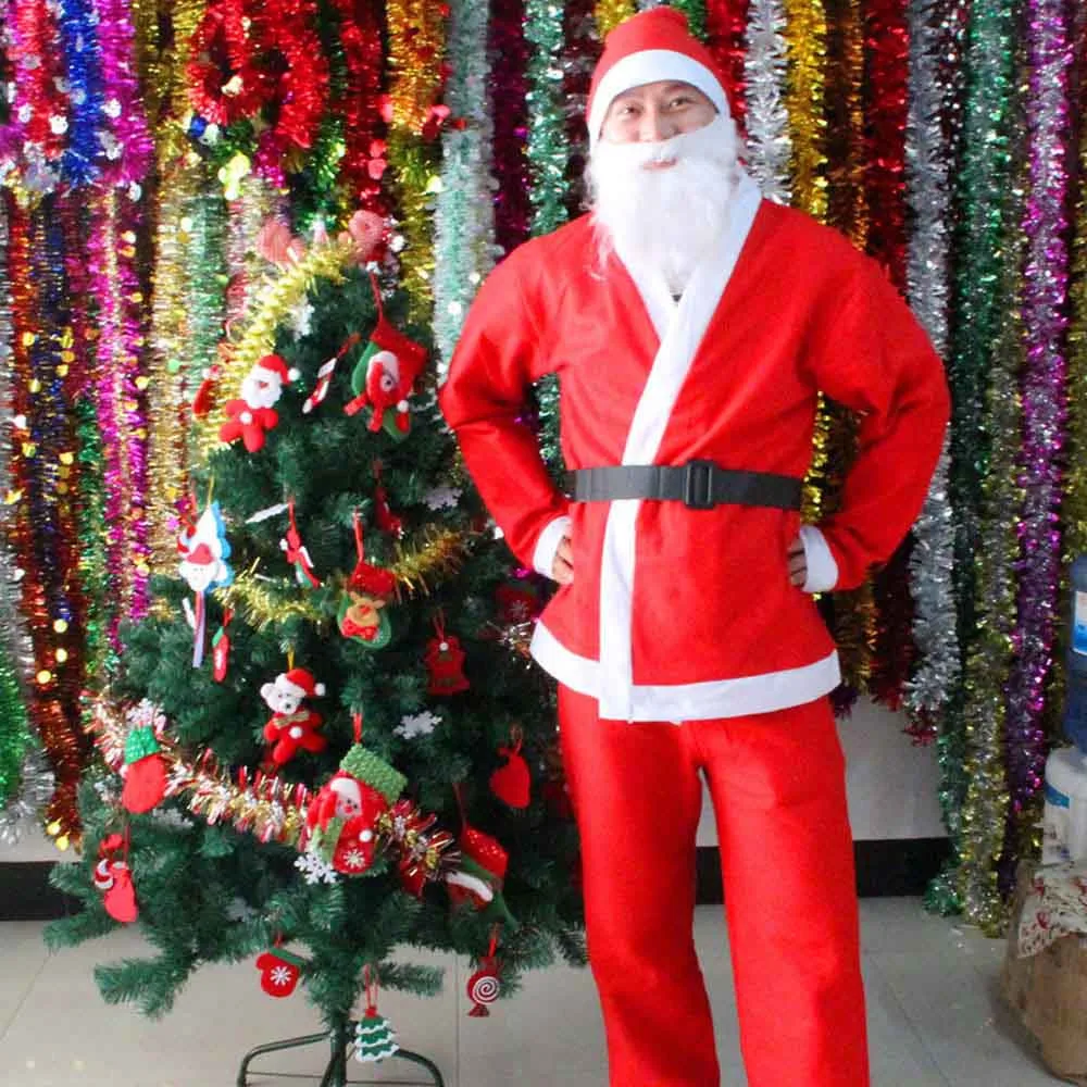 Adult Santa Claus Costume Suit Plush Father Fancy Clothes Xmas Cosplay Props Men Coat Pants Beard Belt Hat Christmas Set