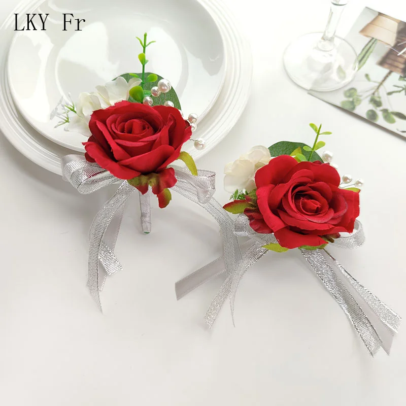 

LKY Fr Boutonniere Wedding Corsage Pin Silk Flowers Red Roses Pearl Groom Buttonhole Brooch Flower Bracelet Marriage Accessories