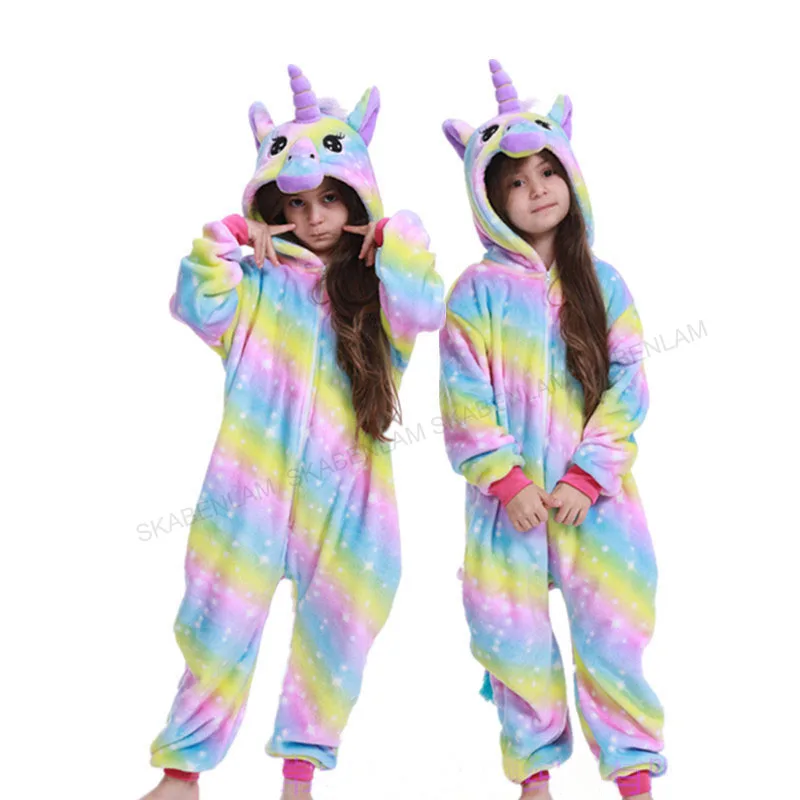 Rainbow Unicorn Onesie/Детская Пижама кигуруми с единорогом; зимняя Пижама с пандой; Пижама с единорогом для мальчиков и девочек; Фланелевая пижама с животными для костюмированной вечеринки; одежда для сна с капюшоном - Цвет: Rainbow Unicorn