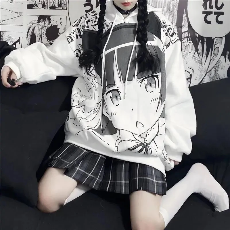 

Anime Cartoon Print Hoodie female Clothes Women Sweatshirt Tops Loose Warm Velvet oversized Pullover album game carte plush date