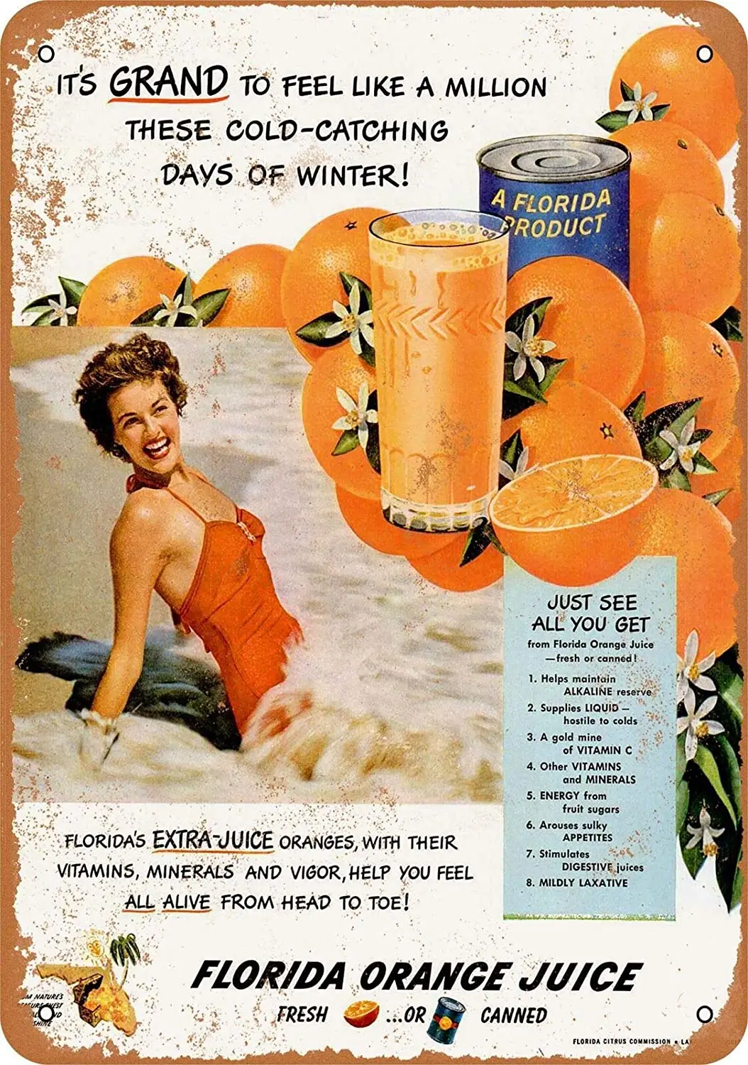 

Vintage Metal Tin Sign 1950 Florida Orange Juice Home Bar Kitchen Wall Decor Hanging Signs 12X8Inch