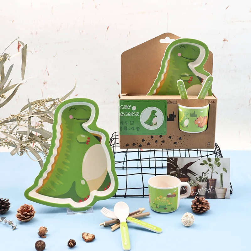 Cartoon creative bamboo fiber children's tableware set dinosaur baby Dishes kids dinner plate feeding training bowl fork spoon | Мать и