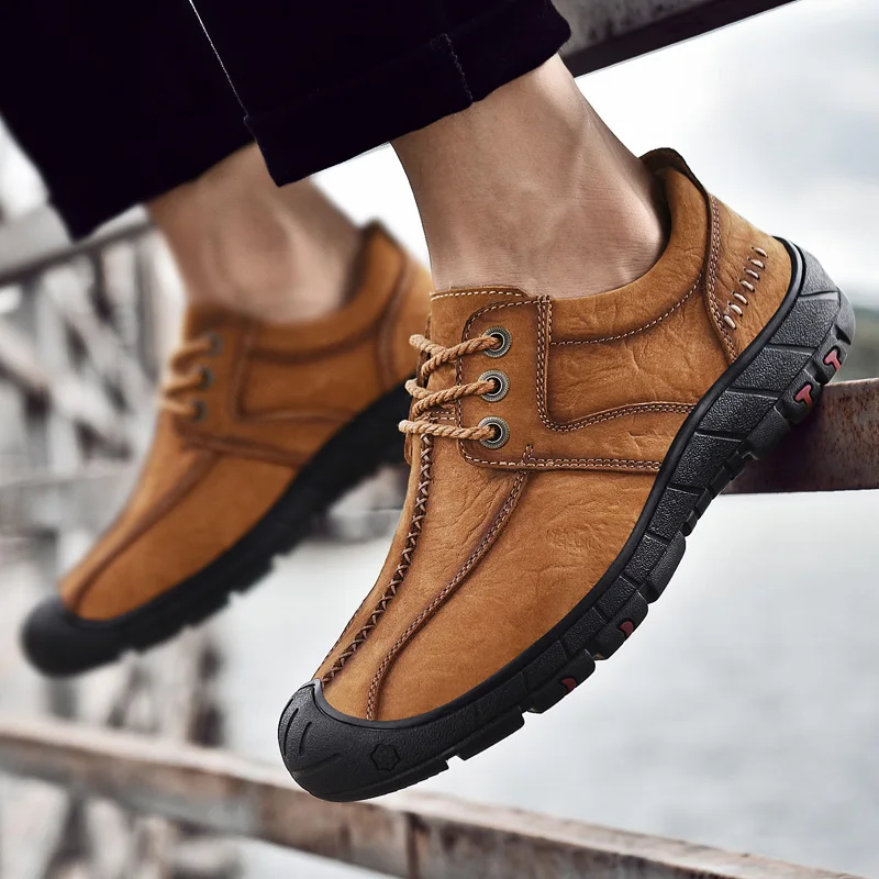 Handmade Genuine Leather Men Shoes Lace-Up Outdoor Casual Sneakers Thick Bottom Stitch Non-Slip | Обувь