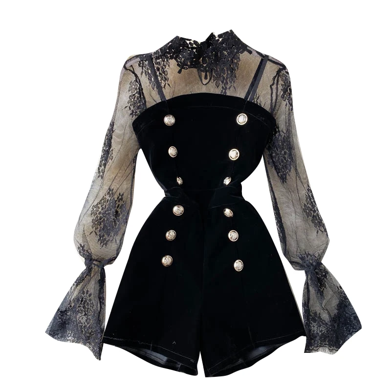 

Fashion Elegant Mesh Lace Tops + Tube Suit Double Breasted Slim Camisole Two-Piece Woman Spring Autumn New Romper Sexy Bodysuit