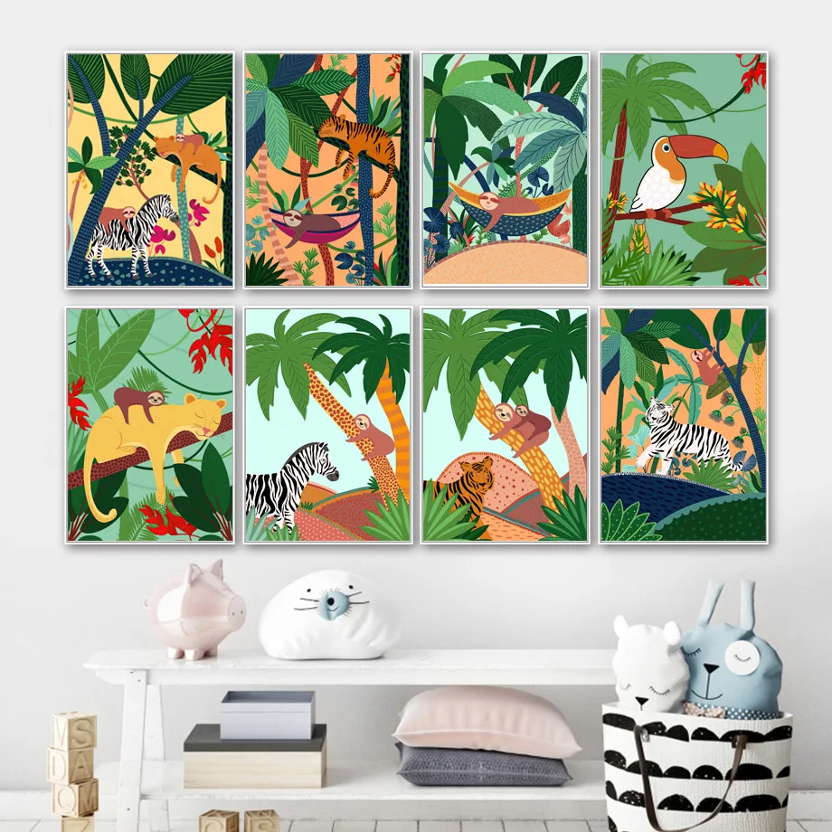 Животные джунглей Тигр ленивый Лев Зебра Тукан растение Настенная живопись на