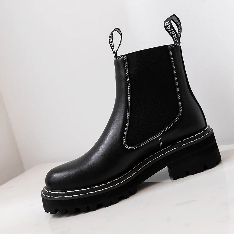 

Women Boots 2019 Genuine Leather Chelsea Boots Handmade Ankle Boots Brand Square Toe Chunky Ladies Shoes Plush Size