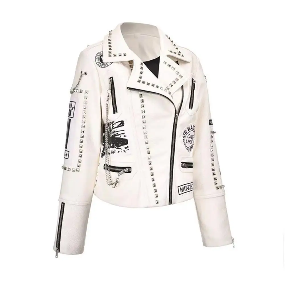 Women's fashion short leather jacket short white rivet jacket pu women jacket