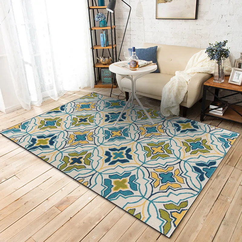 

American-Style Ethnic-Style Rug Blue-Green Geometric Applique Carpet Bedroom Living Room Bed Blanket Bathroom Kitchen Floor Mat