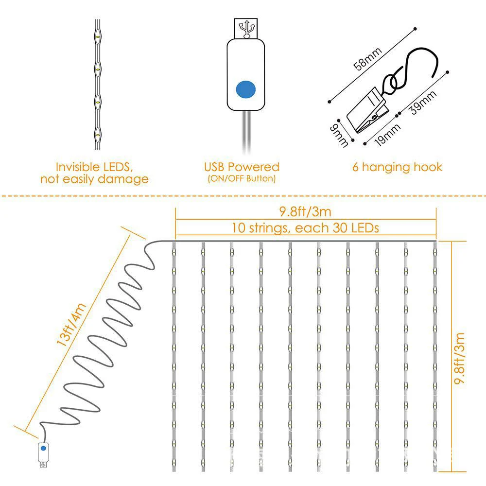 СВЕТОДИОДНАЯ Гирлянда занавеска с дистанционным управлением 3 м USB|Праздничное