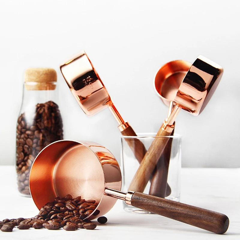 4Pcs Walnut Wooden Handle Stainless Steel Measuring Cup Spoon Plated Copper Rose Gold Kitchen Baking Set | Дом и сад