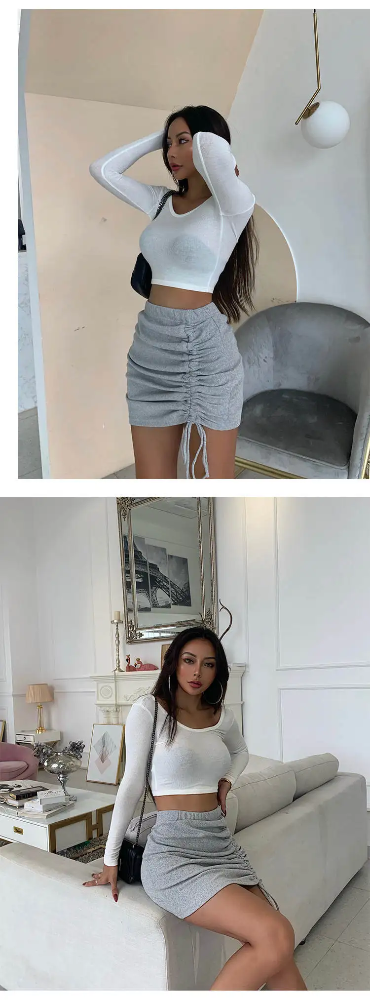 XIBANI Sexy low chest open back top women long sleeve tight bottoming shirt autumn shining nightclub clothing women short black