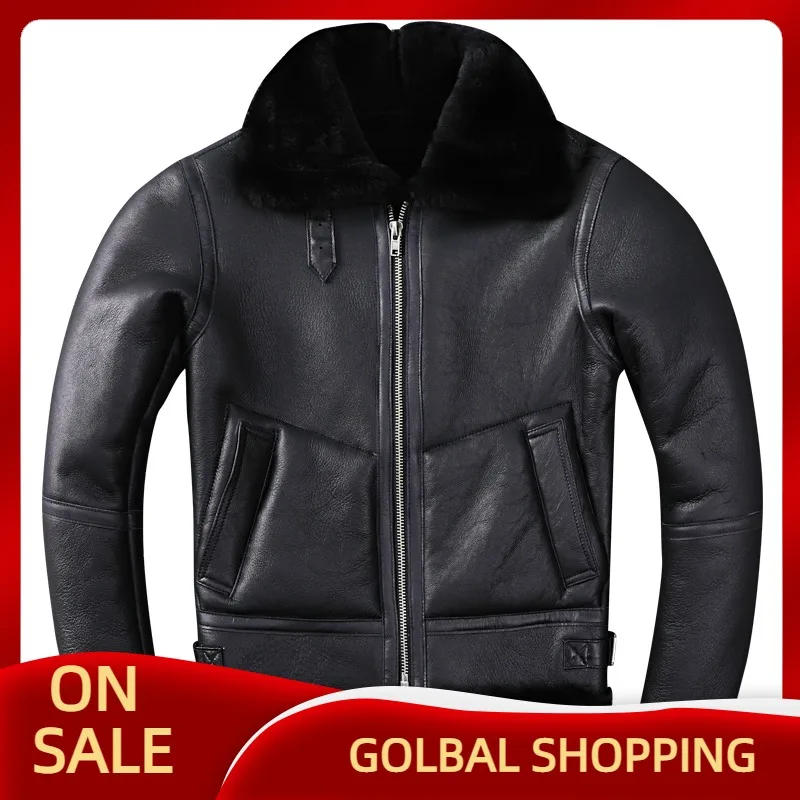

2021 Black Winter Military Style B3 Genuine Shearling Coat Plus Size 5XL Real Thick Sheepskin Natural Warm Jacket
