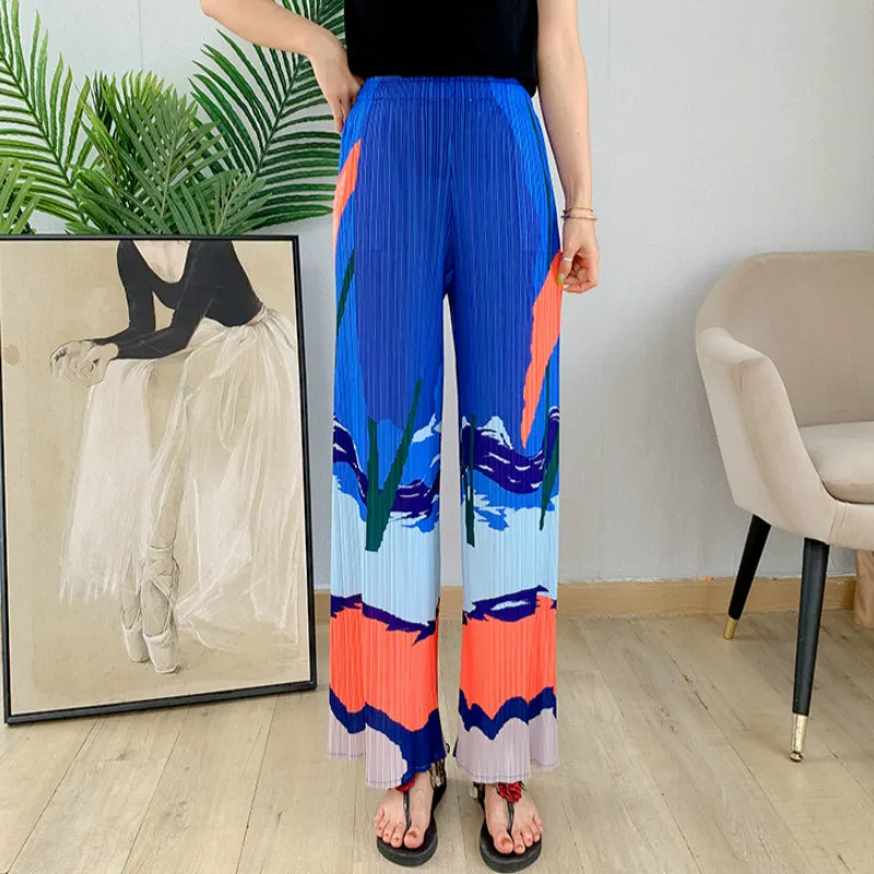 

Pants For Women Plus Size 2021 Autumn New Fashion Printed Loose Casual Elastic Miyake Pleated Wide Leg Trousers Full Length
