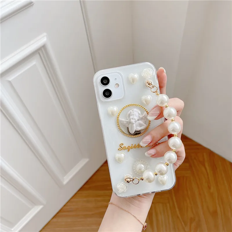 

3D Transparent angel pearl bracelet Wrist soft Phone Cases for iphone 12 Pro Max MiNi 11 pro max X XS XR 7 8 Plus SE 2020 cover