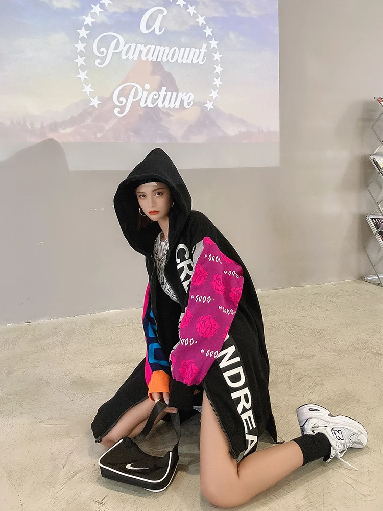 

Winter Loose plus velvet printed thick Coat Women's hooded mid-length Large size cotton Coat Female stitching Personality Jacket