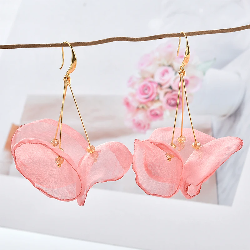 Новинка 2019 длинные серьги из прозрачного кружева и шифона с лепестками цветов