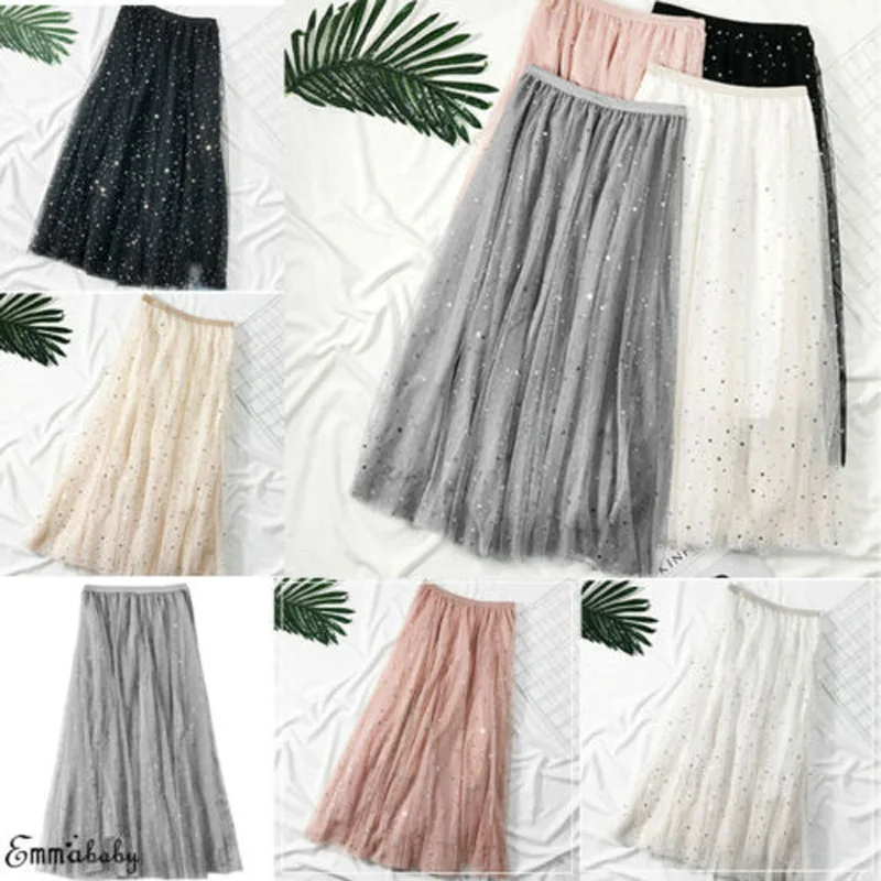

2019 New Style Women Ladies High Waist Pleated Mesh Maxi Skirt Tulle Prom A-Line Skirts