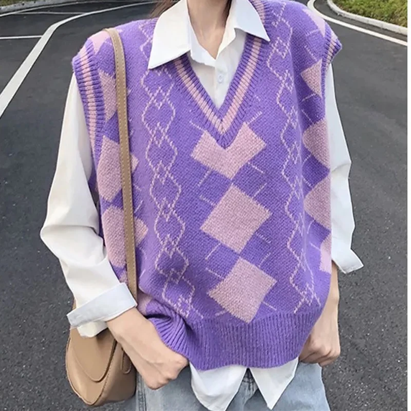 

Spring New Girl Oversized Argyle Jacquard V-Neck Knitted Vest Retro Fashionable All-Match Preppy Style Female Chic Waistcoat Ins