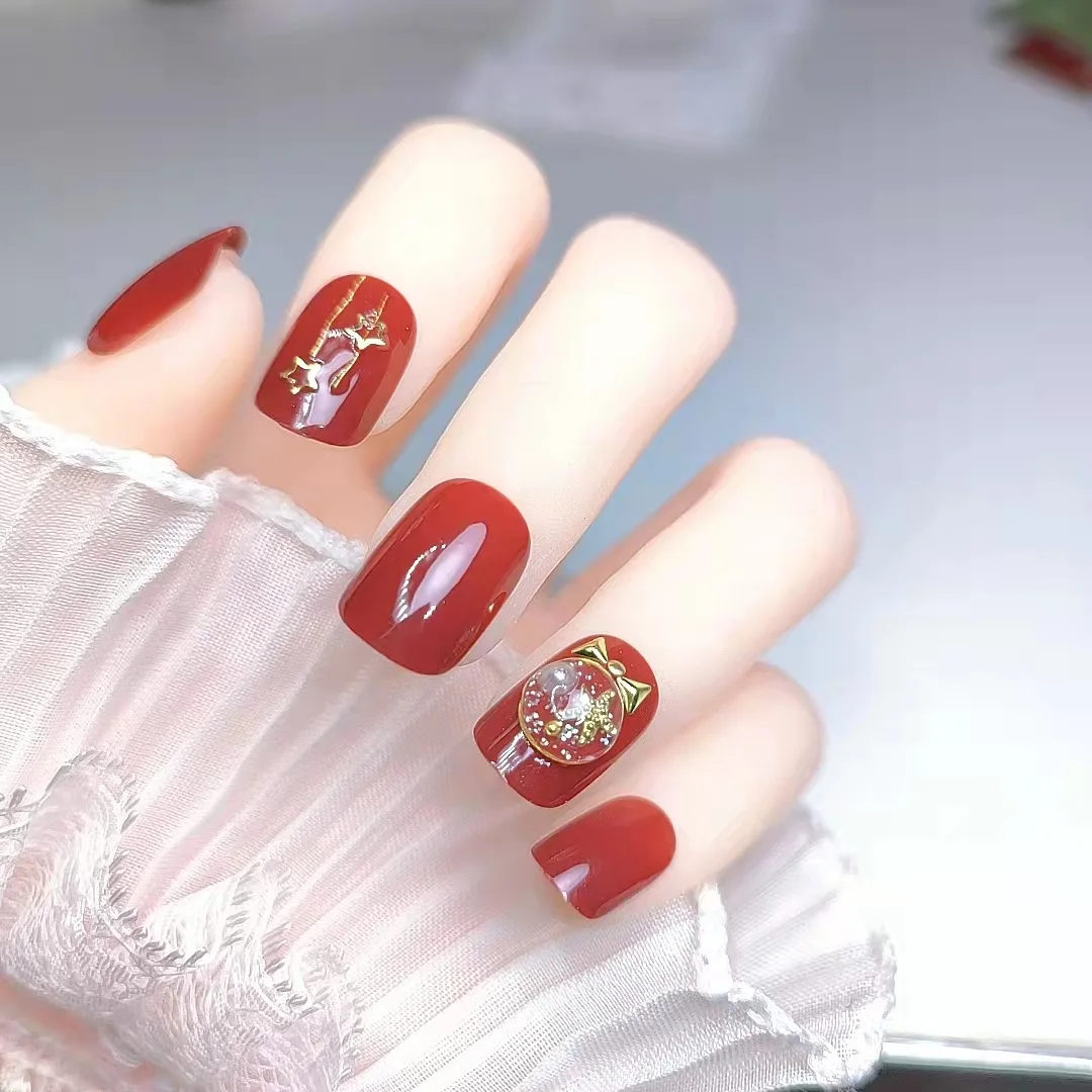 

24PCS Sweet Star Fake Nails Midi Round Head French Wine Red Full Cover Nails Wearable Finished Nail Piece with Glue SANA889