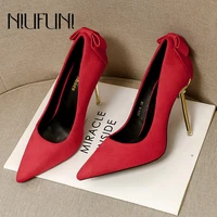 suede pointed bow pumps stiletto sexy high heels simple profession womens shoes slip on metal plating heel commuter work shoes