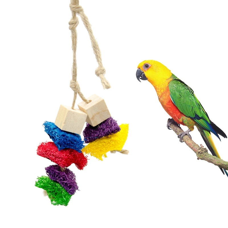 

Bird Parrot Chewing Toy Wooden Natural Colorful Bird Block Toy Parakeet Playing Toy Hanging Loofah Rope Toy For Parrot Birds