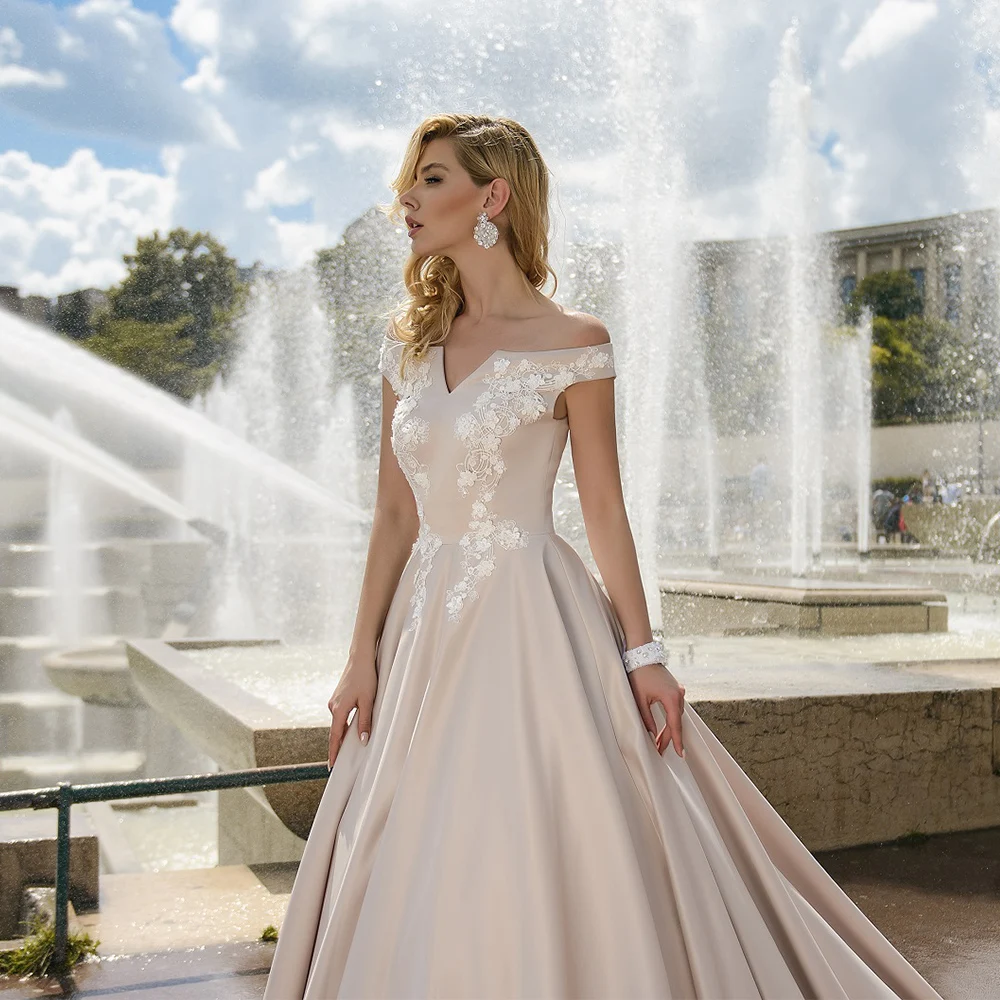 

Vintage Pink Wedding Dress For Woman Off Shoulder Long Train Gothic Bridal Gowns Boat Neck A Line 2021 Robe De Mariee Lace Up