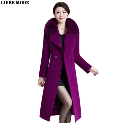 Women's Fake Fox Fur Collar Wool Coat Women Autumn Thick Trench Coat Belt big Size Ladies Red Khaki Purple Knee Length Overcoat