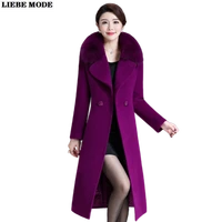 womens fake fox fur collar wool coat women autumn thick trench coat belt big size ladies red khaki purple knee length overcoat