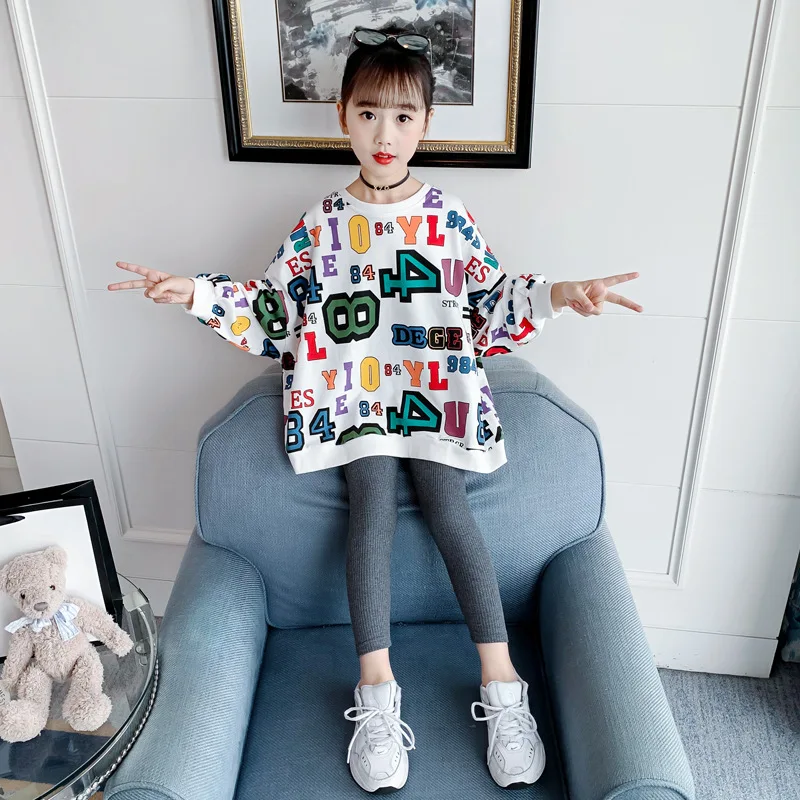 

Girls spring suit 2021 new medium and big kids letter printing sweater leggings two-piece suit