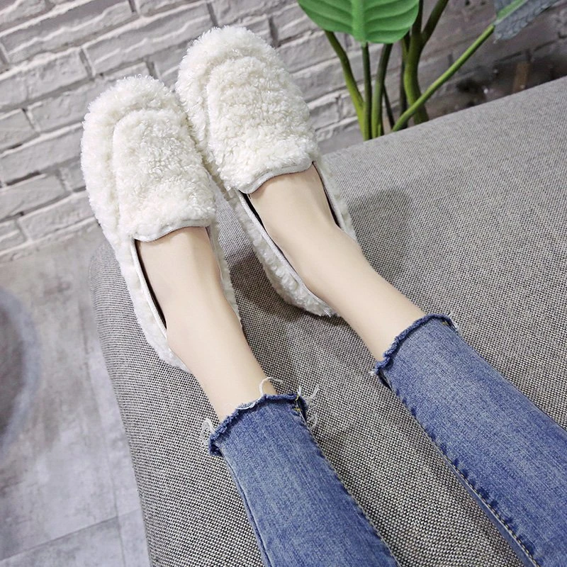 

Solid Black White Lambswool Furry Shoes Women's Autumn and Winter Lamb Hair Flat Loafers Peas Shoes Keep Warm Soft Woman Flats