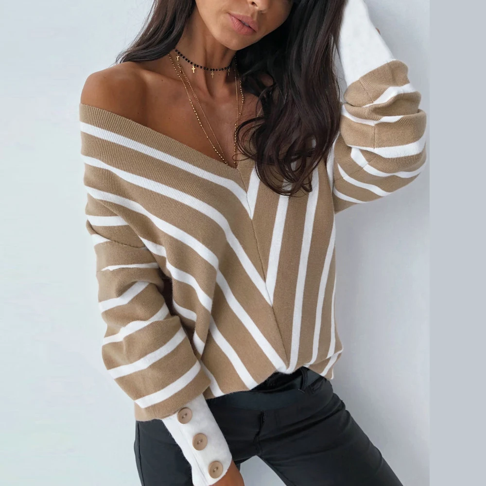 Женская футболка в полоску с длинным рукавом и v образным вырезом трикотажная