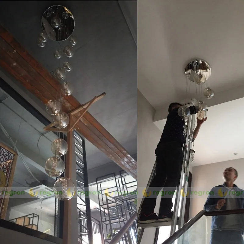 

XL 1-5M glass ball Pendant lights for Staircase black ball lamp spiral pendant lamp G4 stair led lustre hotel stairwell lamparas
