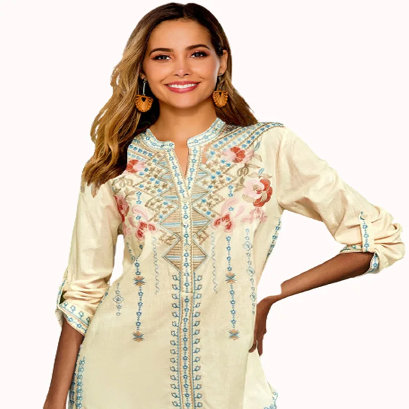 

European And American Women's Pastoral Embroidery Shirt Long Sleeves V-Neck Loose Large Size