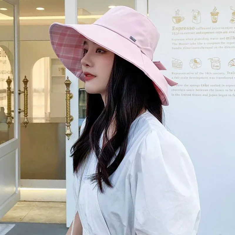 

2021 New Bucket Hats for Women Caps Summer Sun Protection Single Side COTTON Solid Color Fishing Hats 14cm Big Brim Panama Hat