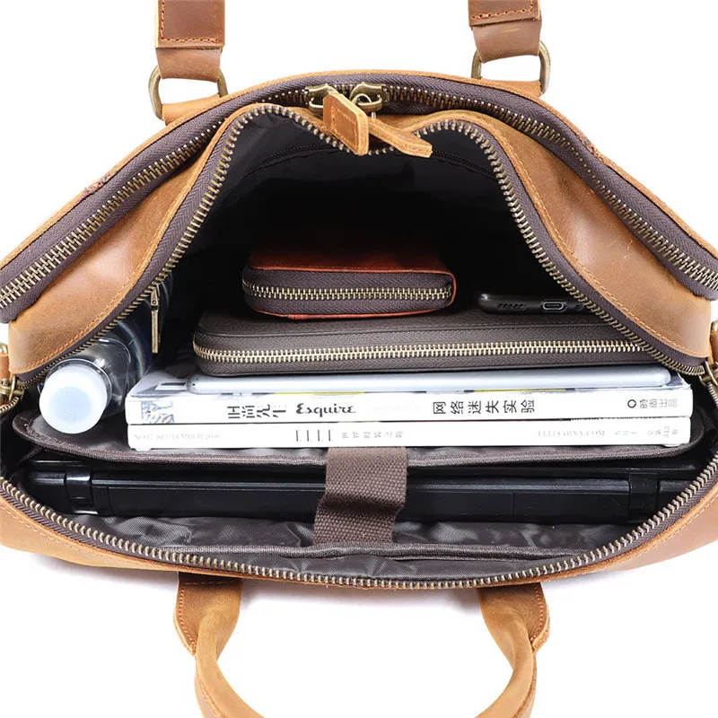 Retro simple men's genuine leather briefcase top layer cowhide women's casual handbag shoulder bag business computer bag