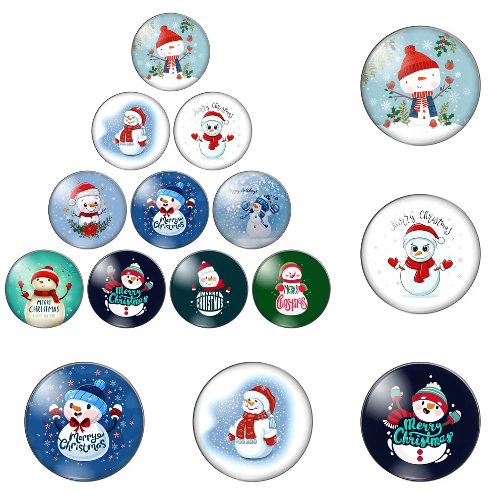 

12pcs/lot Lovely Snowman Merry Christmas Mixed 8mm-30mm Round Photo Glass Cabochon Demo Flat Back Making Findings