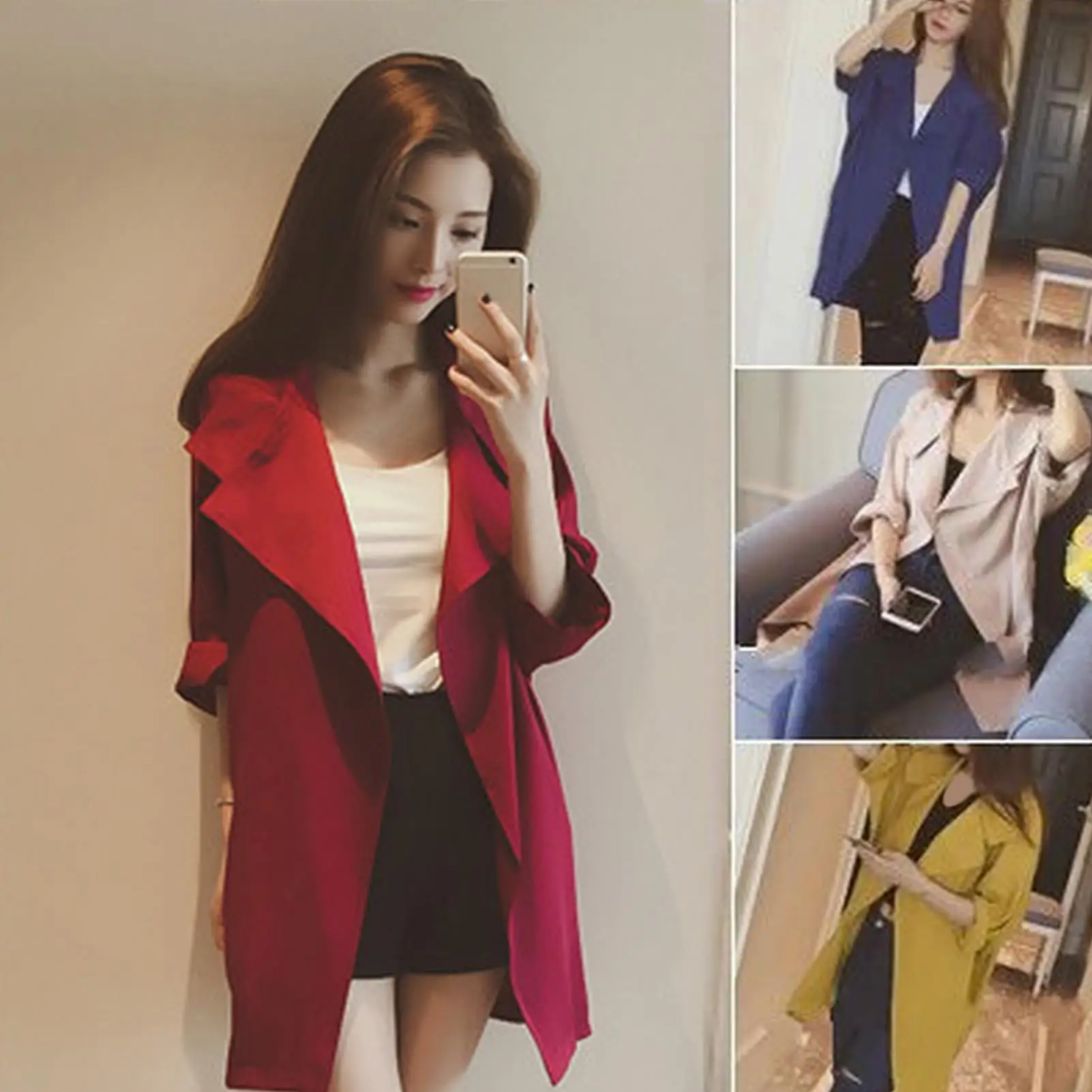 

Women Loose Solid Color Large Lapel Three-quarter Sleeve Trench Coat Cardigan