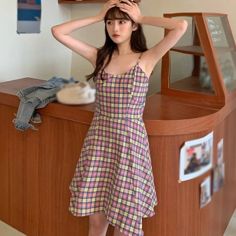 

Women's Dress College Style Retro Sleeveless Plaid Dress Sexy Suspenders Irregular Dress