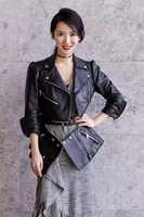 New 100 sheep skin leather jackets women really locomotive leather coat belted waist can customized big size