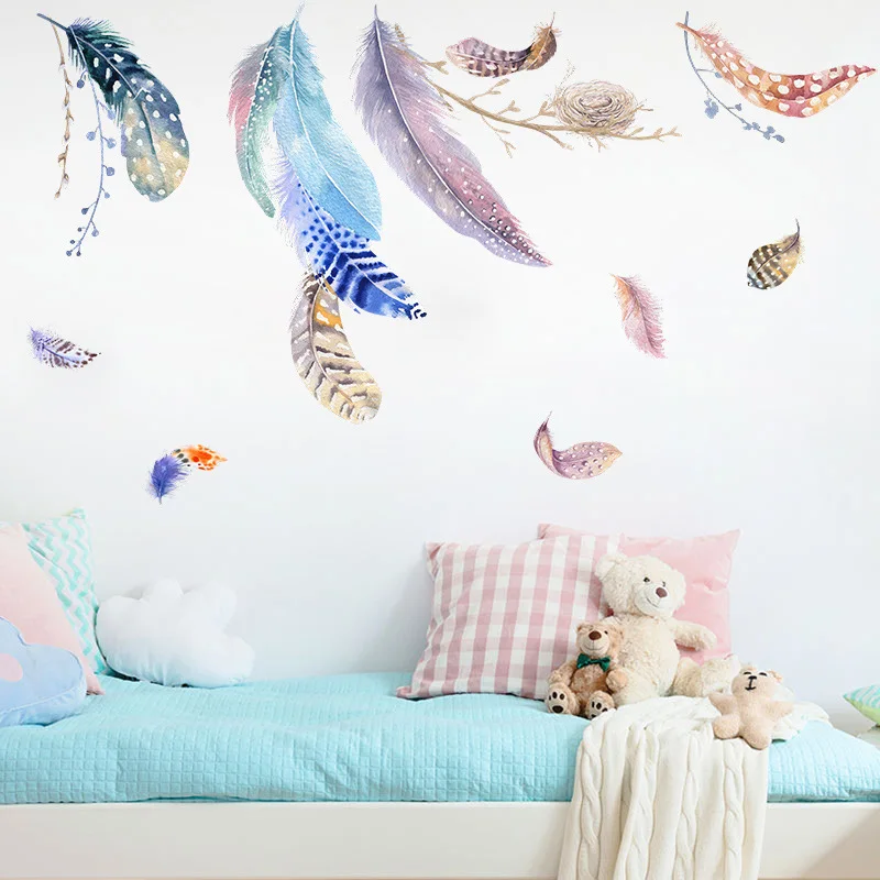 

Creative Color Feather Wall Stickers For Living Rooms Bedroom Background Furniture Decoration Home Decor Self-Adhesive Wallpaper