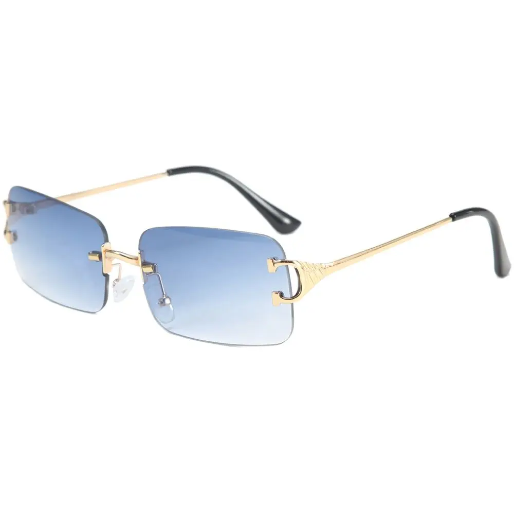 

2021 Blue rectangular sunglasses rimless men metal fashion square sun glasses for women gradient lens frameless 2021 uv400
