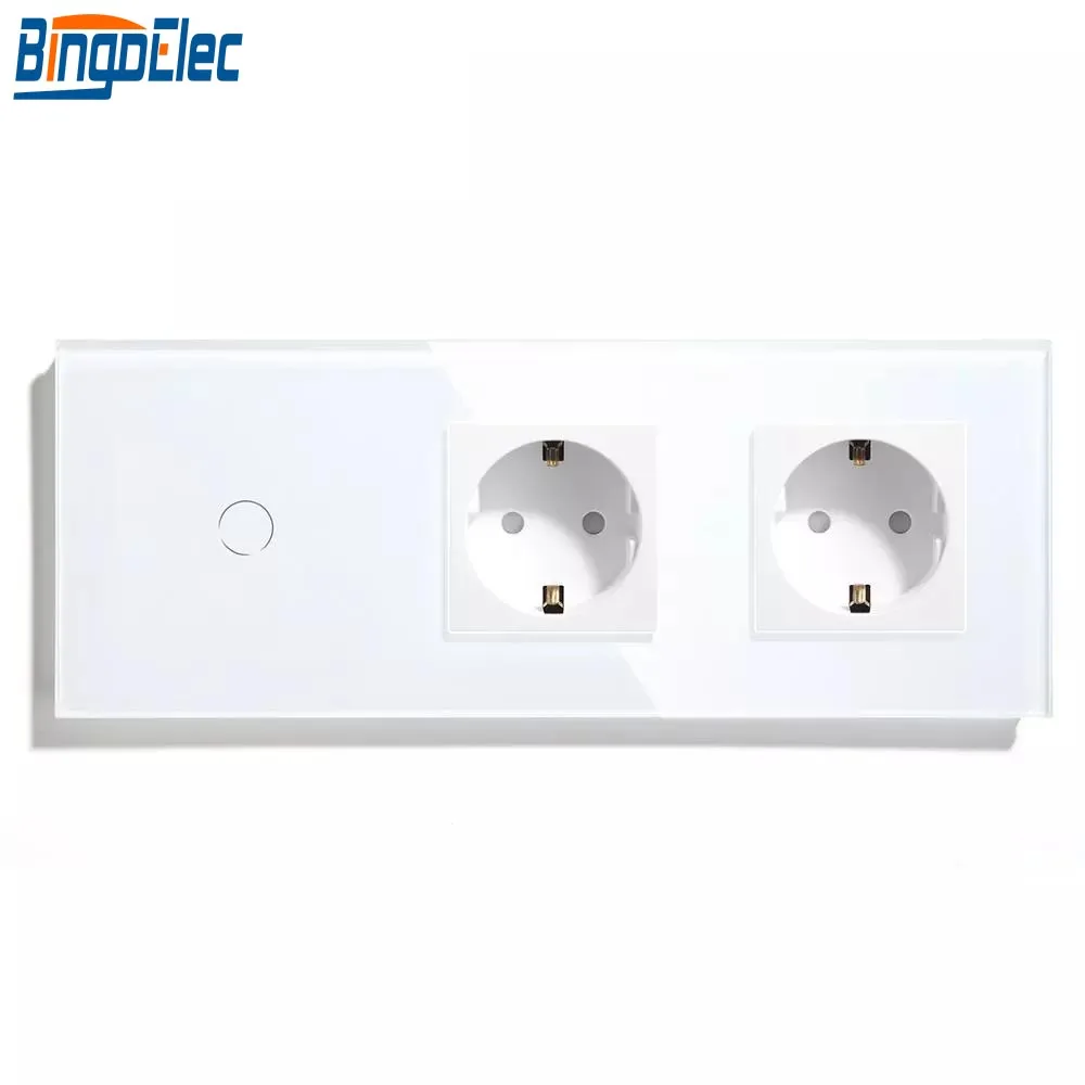 

Bingoelec EU/UK Standard 1Gang 1Way Touch Switch With Double 16A Germany Socket Crystal Glass Panel Light Switch 86*229mm 220V