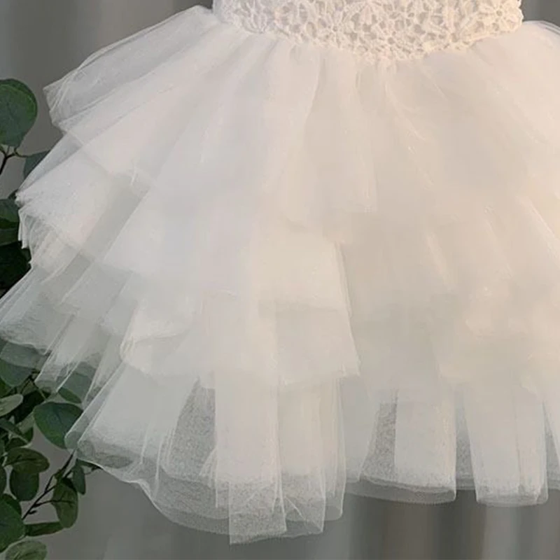 

Flower Girls Dress Illusion Sleeveless O-Neck Tulle Lace Embroidery Knee-Length Luxury White Cute Kids Party Princess Gown F384