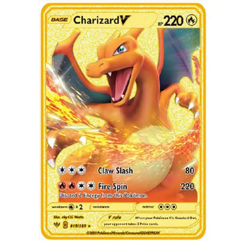 

Anime Pokemon Glitter Gold Card Metal Charizard Dragon Rare Kapichu Game Battle Collection Card Children's Toy Christmas Gift