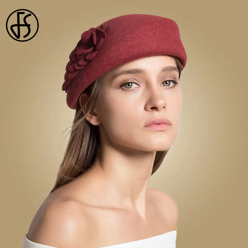 Wine Red Wool Beret Женский повседневный берет из фетра FS, шляпка-берет из австралийской шерсти, с декоративным цветком, бежевого цвета - Цвет: Wine Red Wool Beret