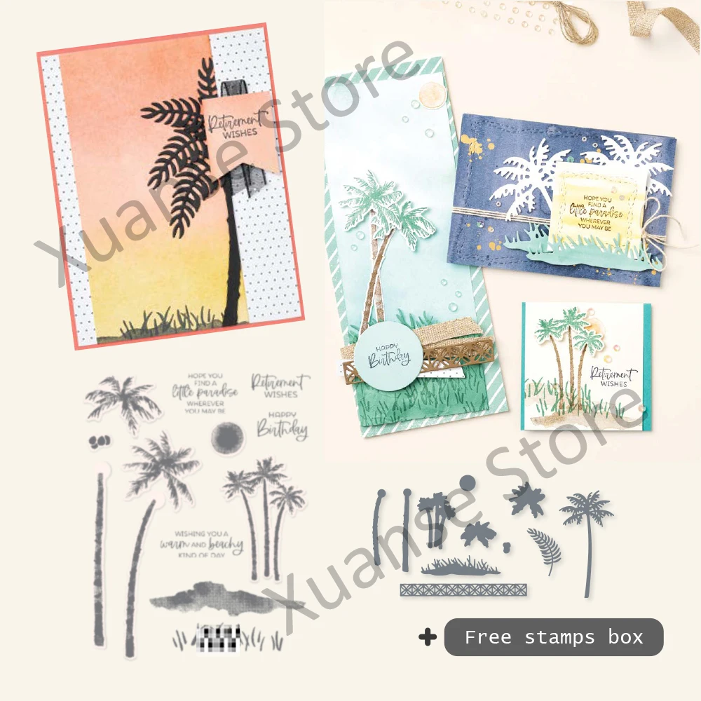 

Beaches And Paml Tree Metal Cutting Dies Photopolymer Stamp DIY Scrapbooking Stencil For Decor Cards Diary Cutting Dies Stamps