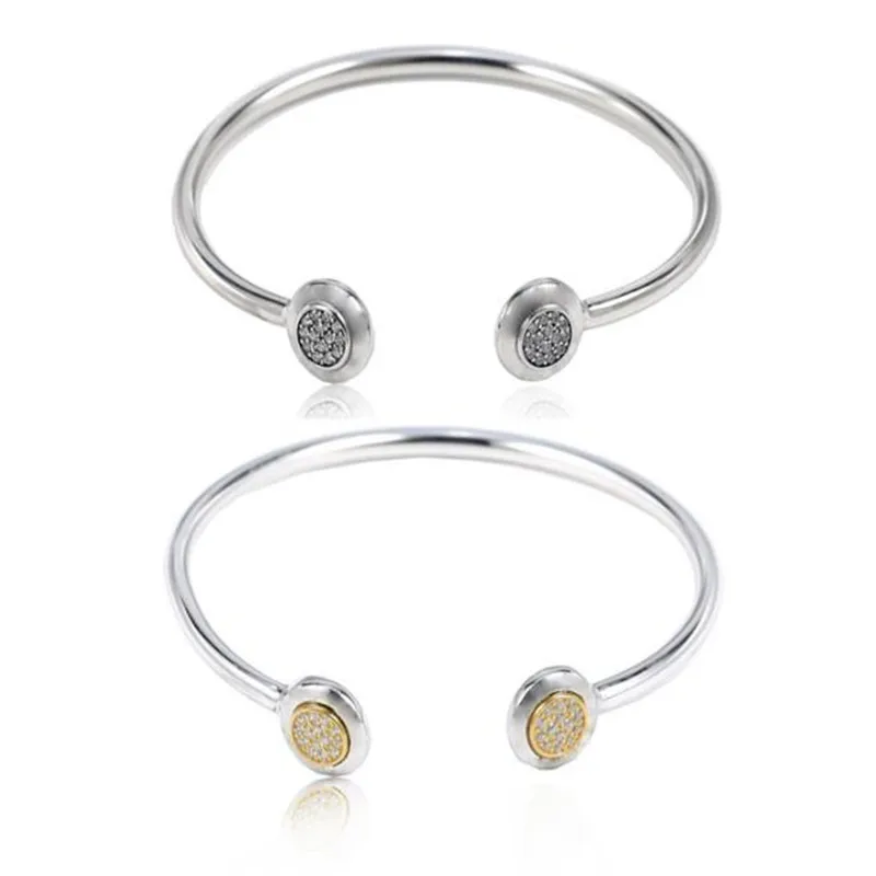 

Original 925 Sterling Silver Bangles 2 Color Signature Crystal Open Bracelet Women Bead Charm Fashion Jewelry Gift