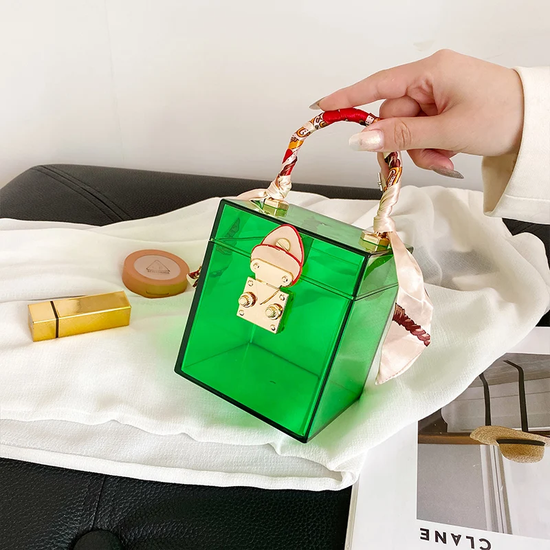 New 2021 Trend Transparent Clear Jelly Acrylic Box Handbag For Women Elegant Evening Party Clutch Purse with Scarves Female