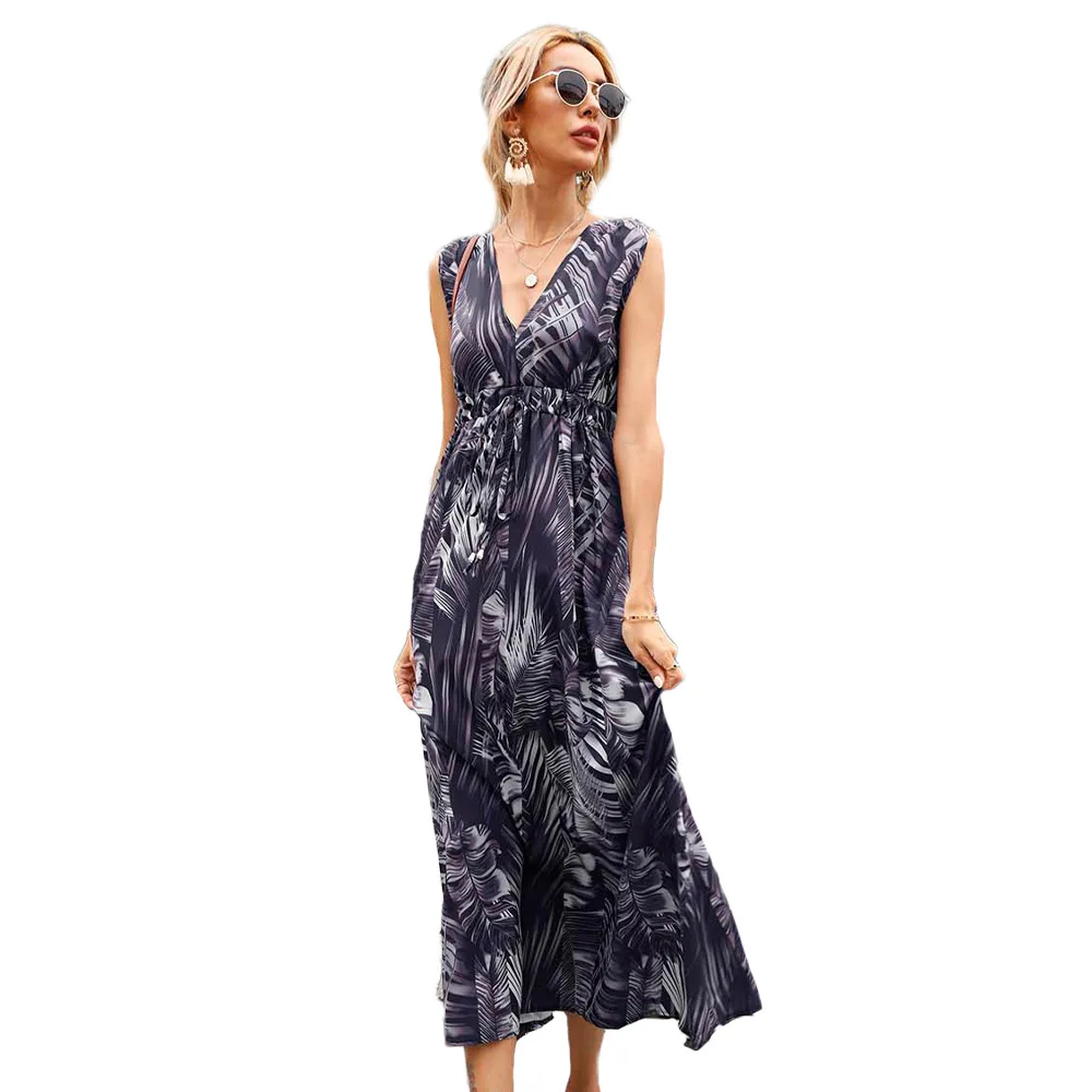 

Printing Sexy Sleeveless Midi Dress 2021 Summer Street Style Bohemian Beaches Bare Their Backs Dress Ladies Elegant Party