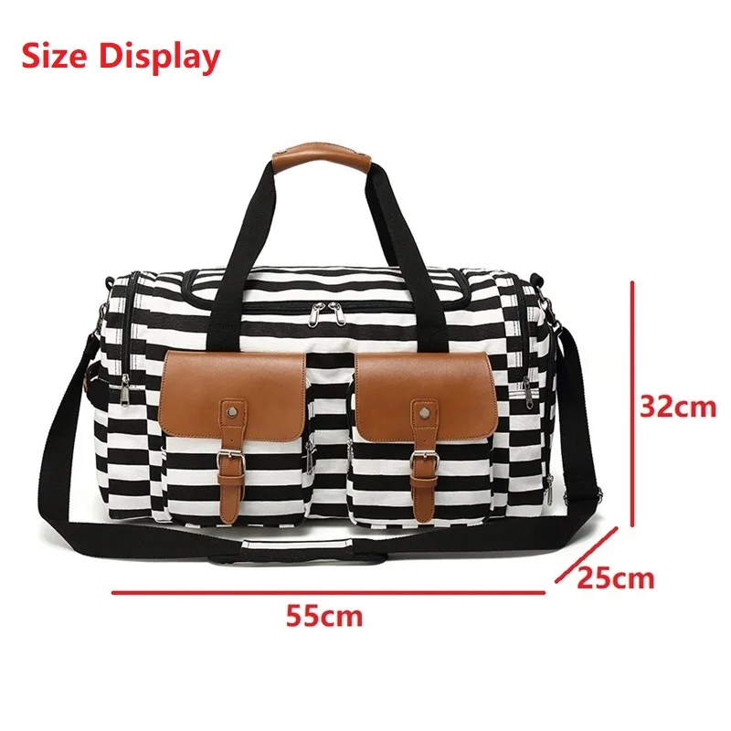 

New fashion striped travel bag short canvas carry-on luggage trend travel bag large capacity sports wet and dry separation bag